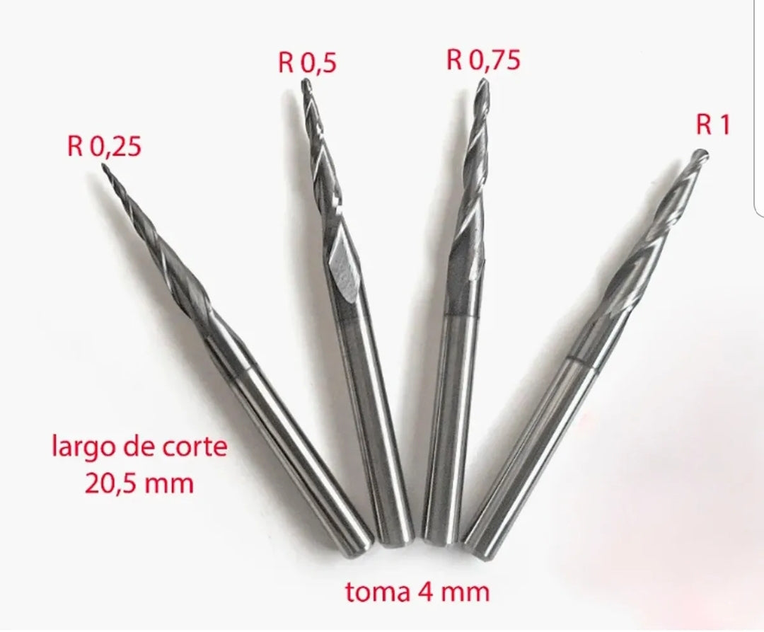 Set 4 Fresas Ball nose 4mm
